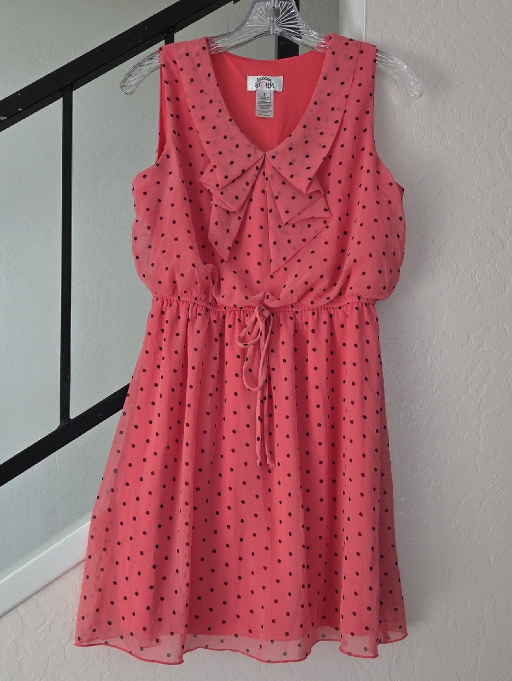 Sweet Storm Coral Pink Polka Dot Dress with Bow Collar